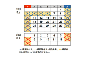 2020年5月〜6月の高速道路の休日割引適用除外カレンダー